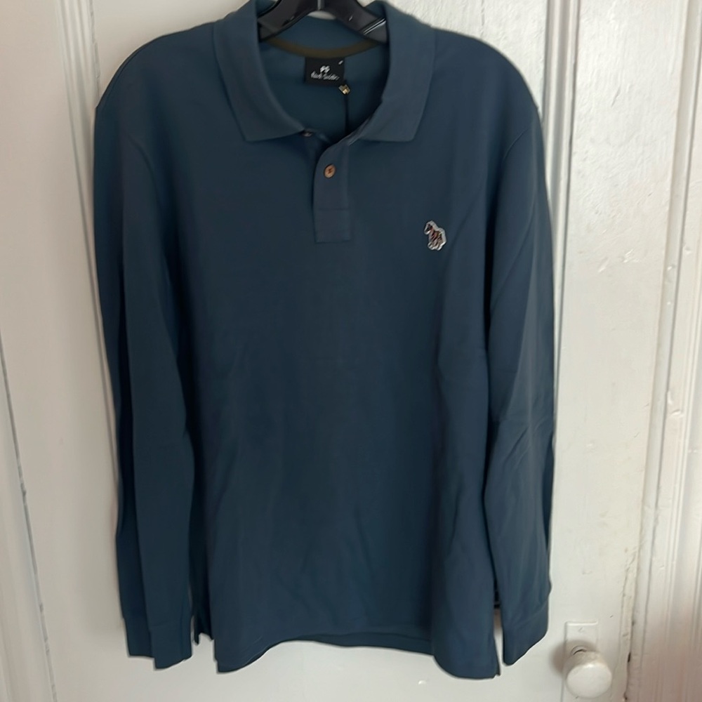 NWT PS Paul Smith Slate Blue Zebra Logo Long Sleeve Polo Shirt Mens Medium